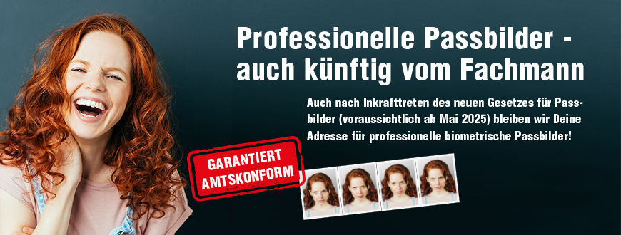 Professionelle Passbilder - auch künftig vom Fachmann
Auch nach Inkrafttreten des neuen Gesetztes für Passbilder (voraussichtlich ab Mai 2025) bleiben wir Deine Adresse für professionelle biometrische Passbilder!